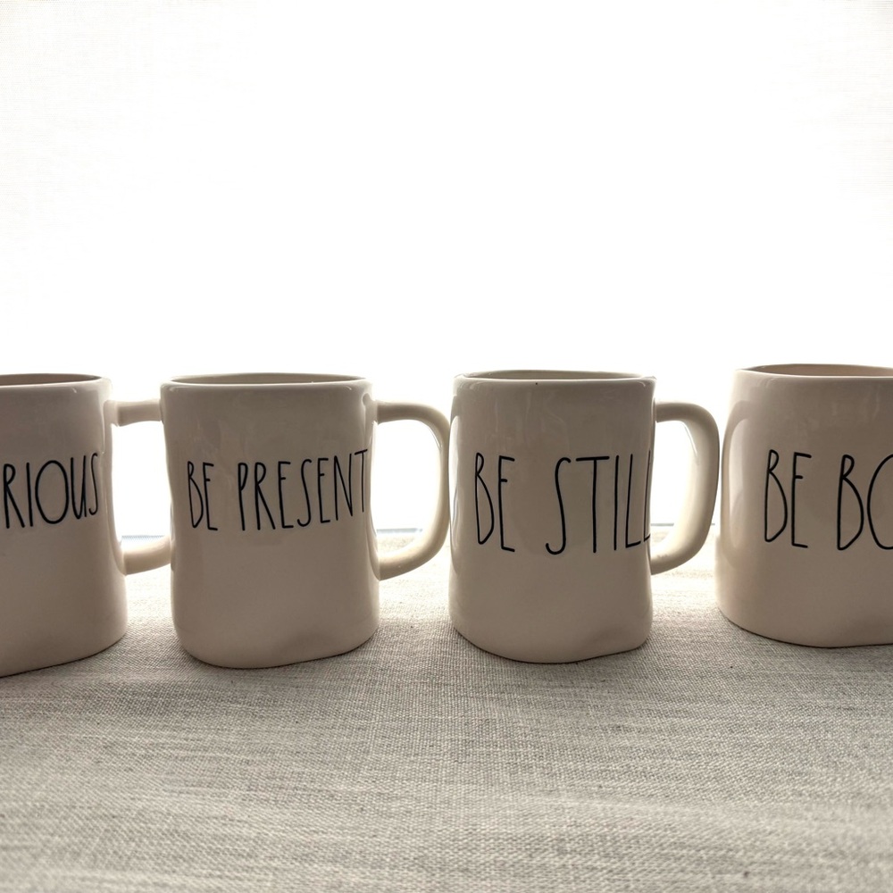 Rae Dunn “Be” Mugs - set of 4 Ceramic Coffee Mug - Present, curious, still, bold